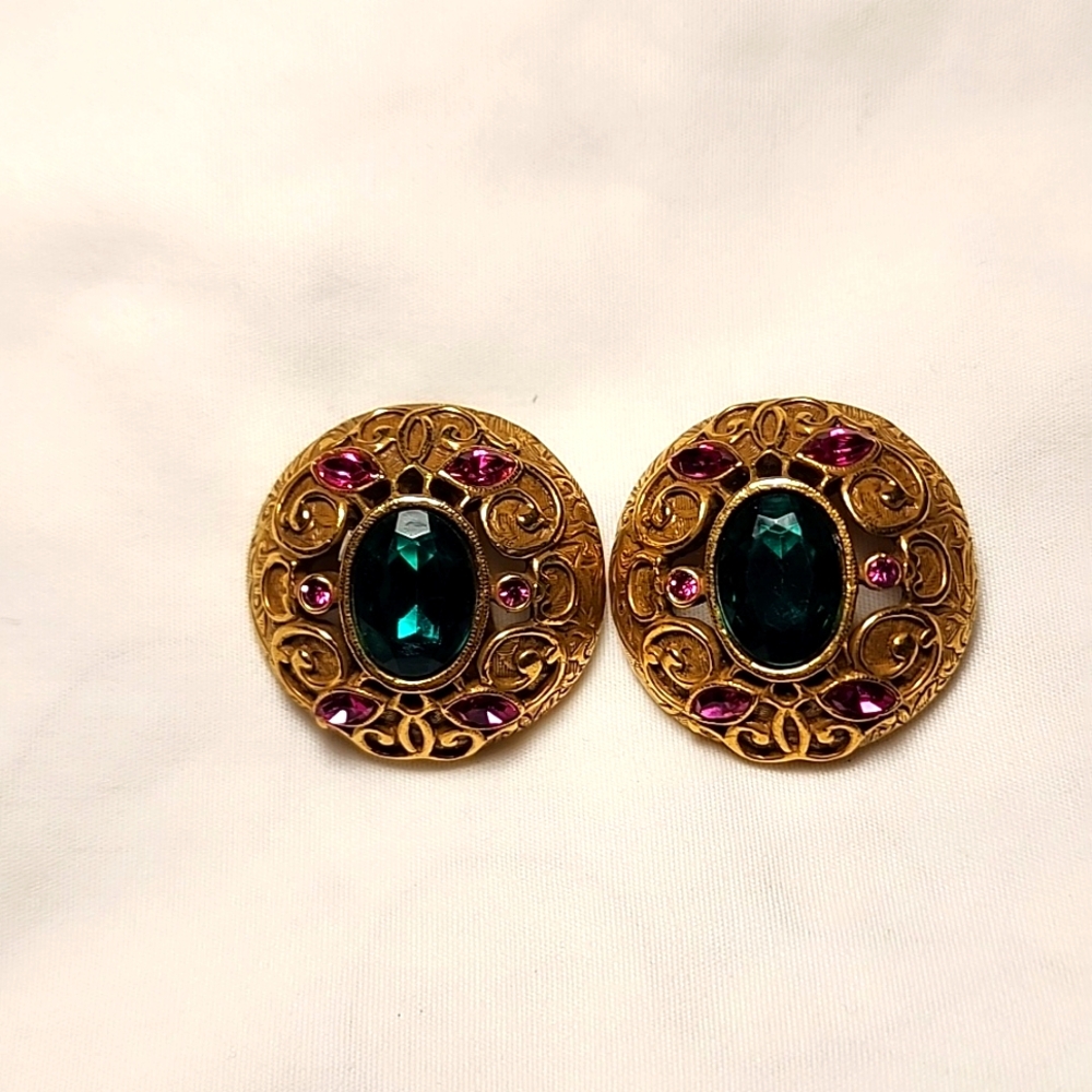 Vintage Style Dome Goldtone Clip On Earrings With Pink And Emerald Green Stones